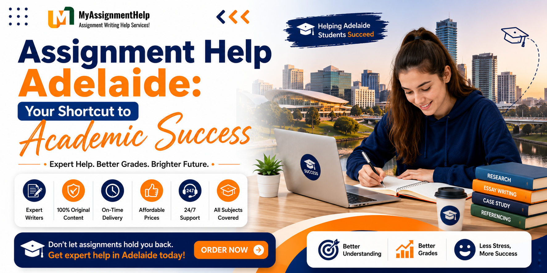 Assignment Help Adelaide banner featuring a student studying with expert academic writing services.