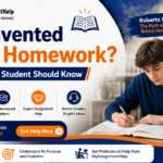 Who Invented School Homework? Educational banner featuring a student studying and homework history.