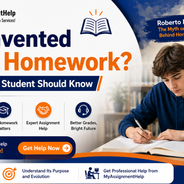 Who Invented School Homework? Educational banner featuring a student studying and homework history.