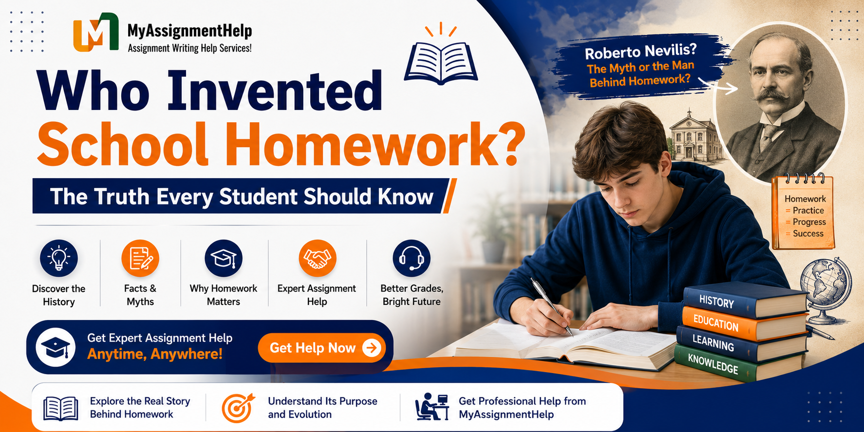 Who Invented School Homework? Educational banner featuring a student studying and homework history.