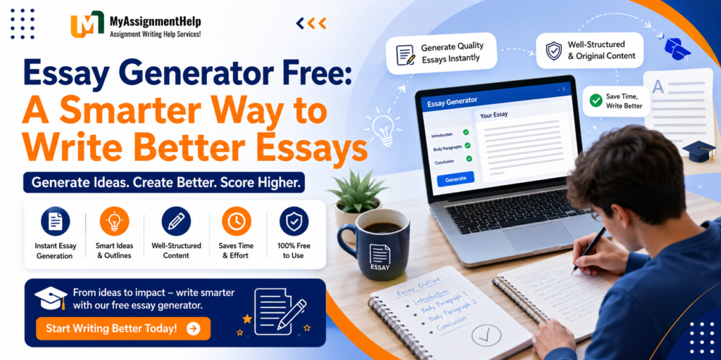 Essay Generator Free banner with AI writing tool, laptop, and student creating essays online.