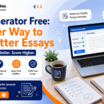 Essay Generator Free banner with AI writing tool, laptop, and student creating essays online.