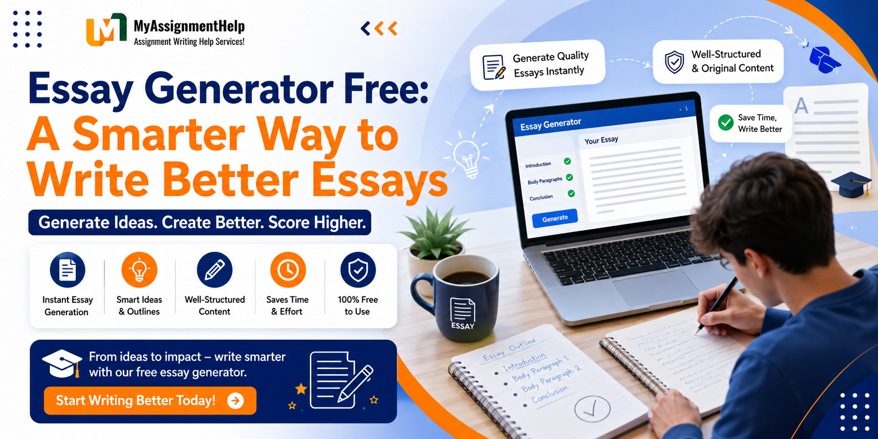 Essay Generator Free banner with AI writing tool, laptop, and student creating essays online.