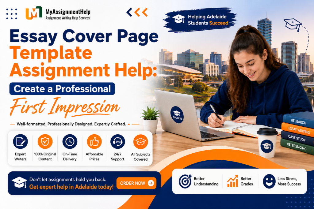 Essay Cover Page Template Assignment Help banner with student studying and MyAssignmentHelp branding.