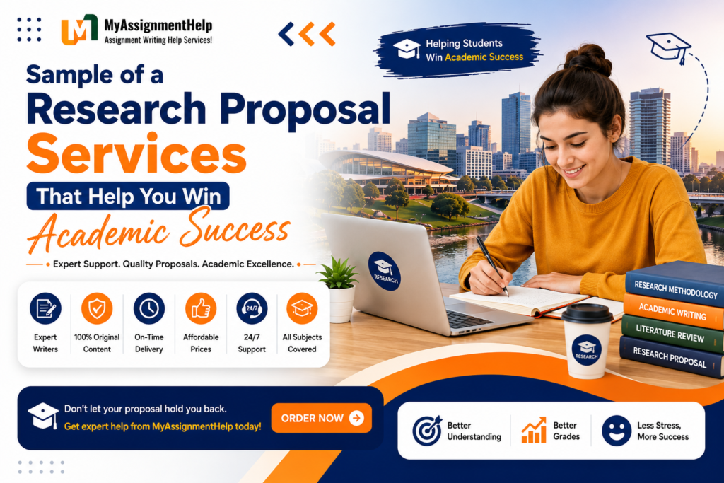 Sample of a Research Proposal Services banner by MyAssignmentHelp featuring a student writing, research books, and academic support services for proposal writing.