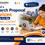 Sample of a Research Proposal Services banner by MyAssignmentHelp featuring a student writing, research books, and academic support services for proposal writing.