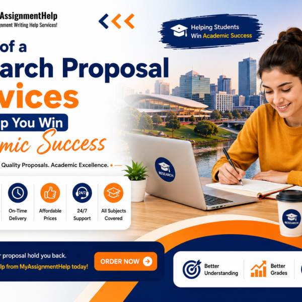 Sample of a Research Proposal Services banner by MyAssignmentHelp featuring a student writing, research books, and academic support services for proposal writing.