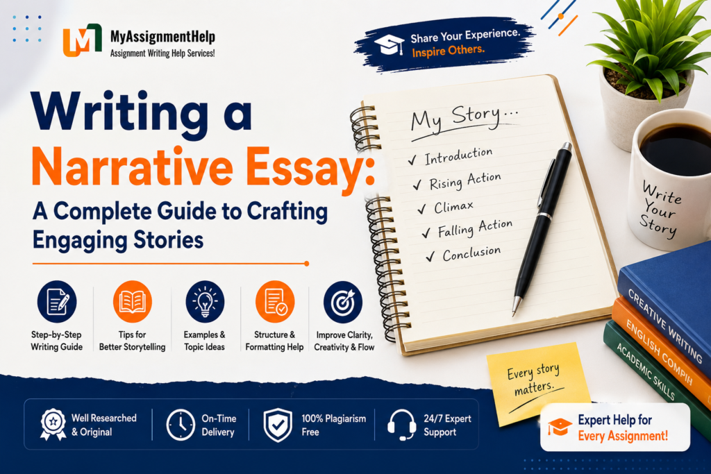 Writing a Narrative Essay guide banner with notebook, pen, and MyAssignmentHelp branding.