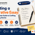 Writing a Narrative Essay guide banner with notebook, pen, and MyAssignmentHelp branding.