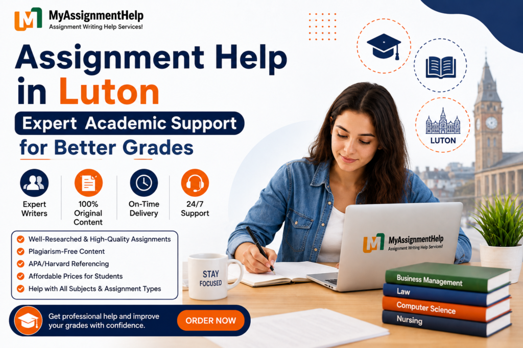 Assignment Help in Luton banner featuring a student studying with expert academic support services from MyAssignmentHelp