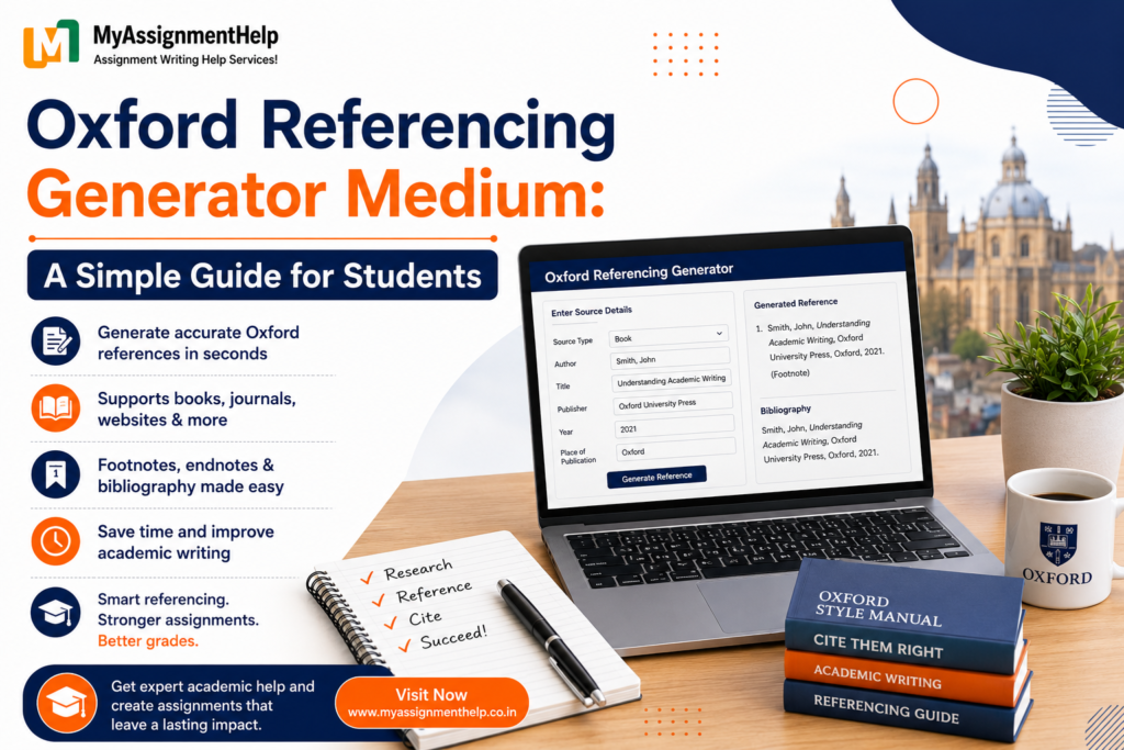 Oxford referencing generator guide for students with laptop and academic books.