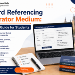 Oxford referencing generator guide for students with laptop and academic books.