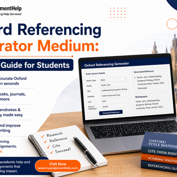 Oxford referencing generator guide for students with laptop and academic books.