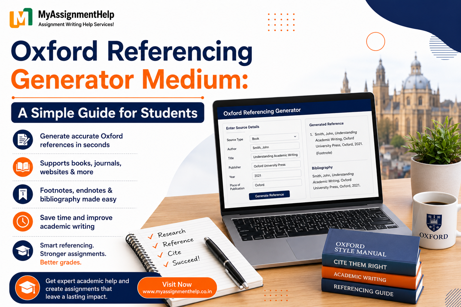 Oxford referencing generator guide for students with laptop and academic books.
