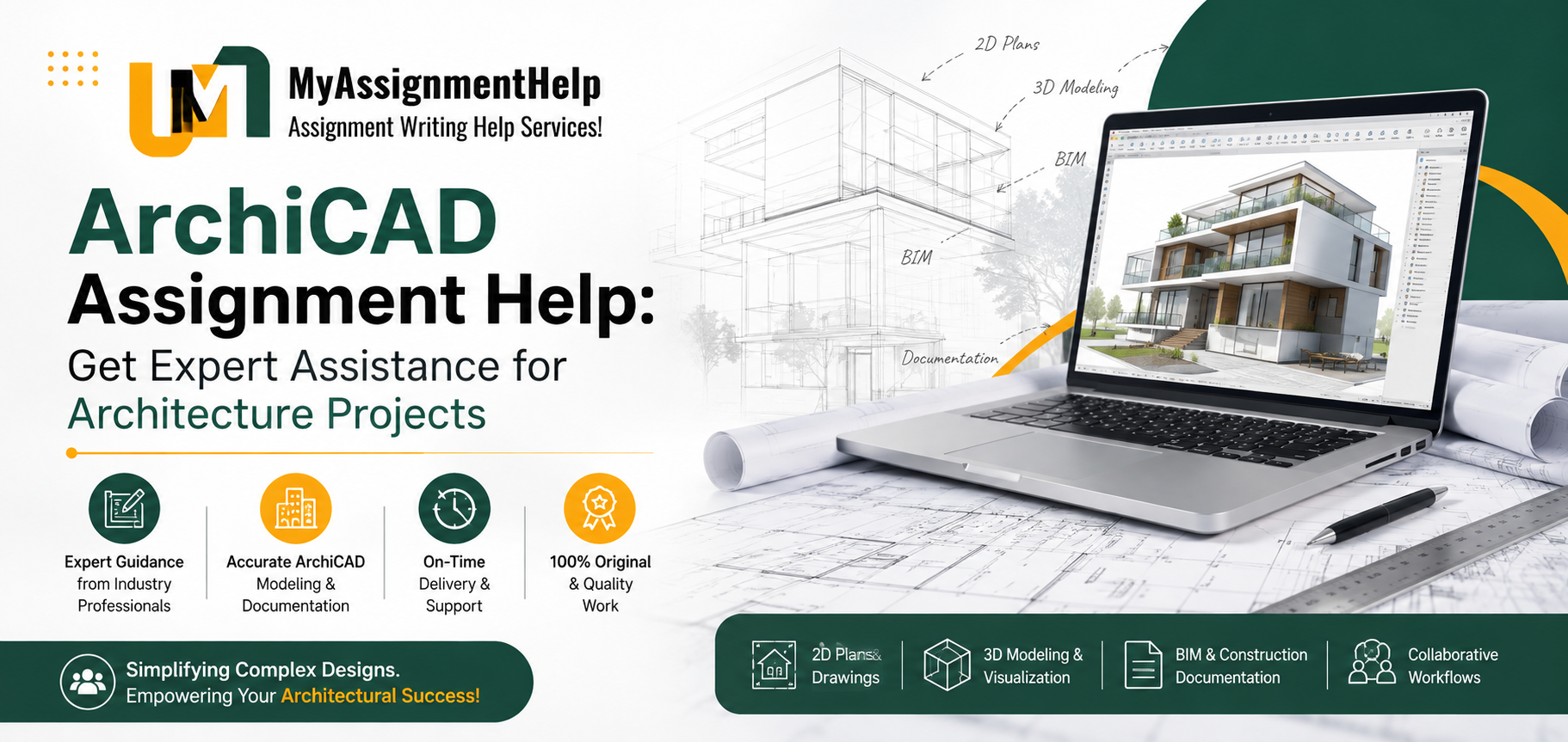 ArchiCAD assignment help banner featuring architectural design, 3D modeling, BIM, and expert assistance.
