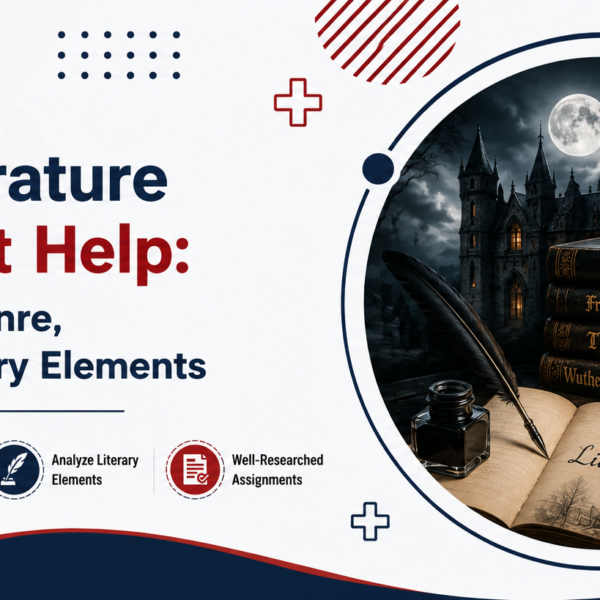 Gothic Literature Assignment Help banner with books, castle, candle, and quill.