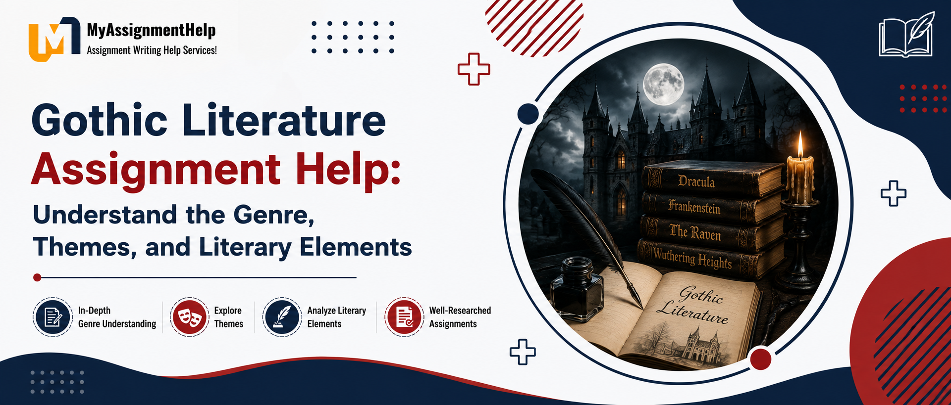 Gothic Literature Assignment Help banner with books, castle, candle, and quill.