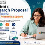 Student using a laptop with expert research proposal writing services and academic support.