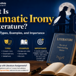 Illustration explaining dramatic irony in literature with meaning, types, examples, and importance.