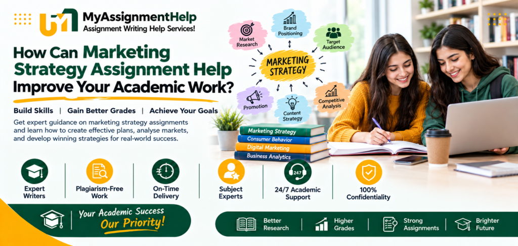 Marketing strategy assignment help banner featuring two students collaborating on academic work.