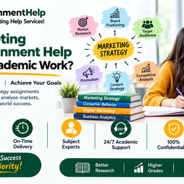 Marketing strategy assignment help banner featuring two students collaborating on academic work.
