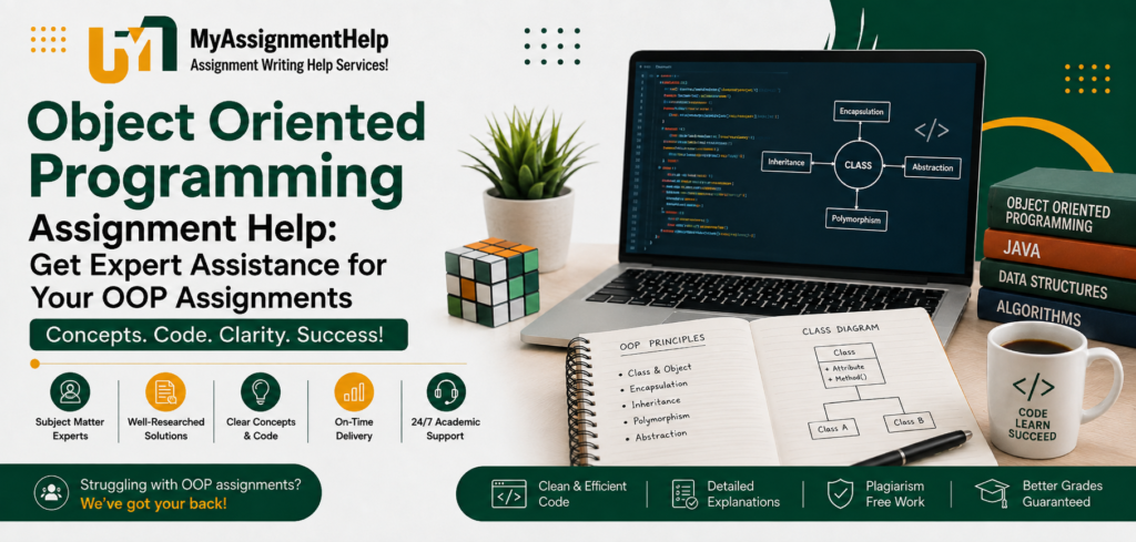 OOP assignment help banner with laptop, code, and programming concepts.