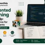 OOP assignment help banner with laptop, code, and programming concepts.