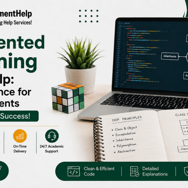 OOP assignment help banner with laptop, code, and programming concepts.
