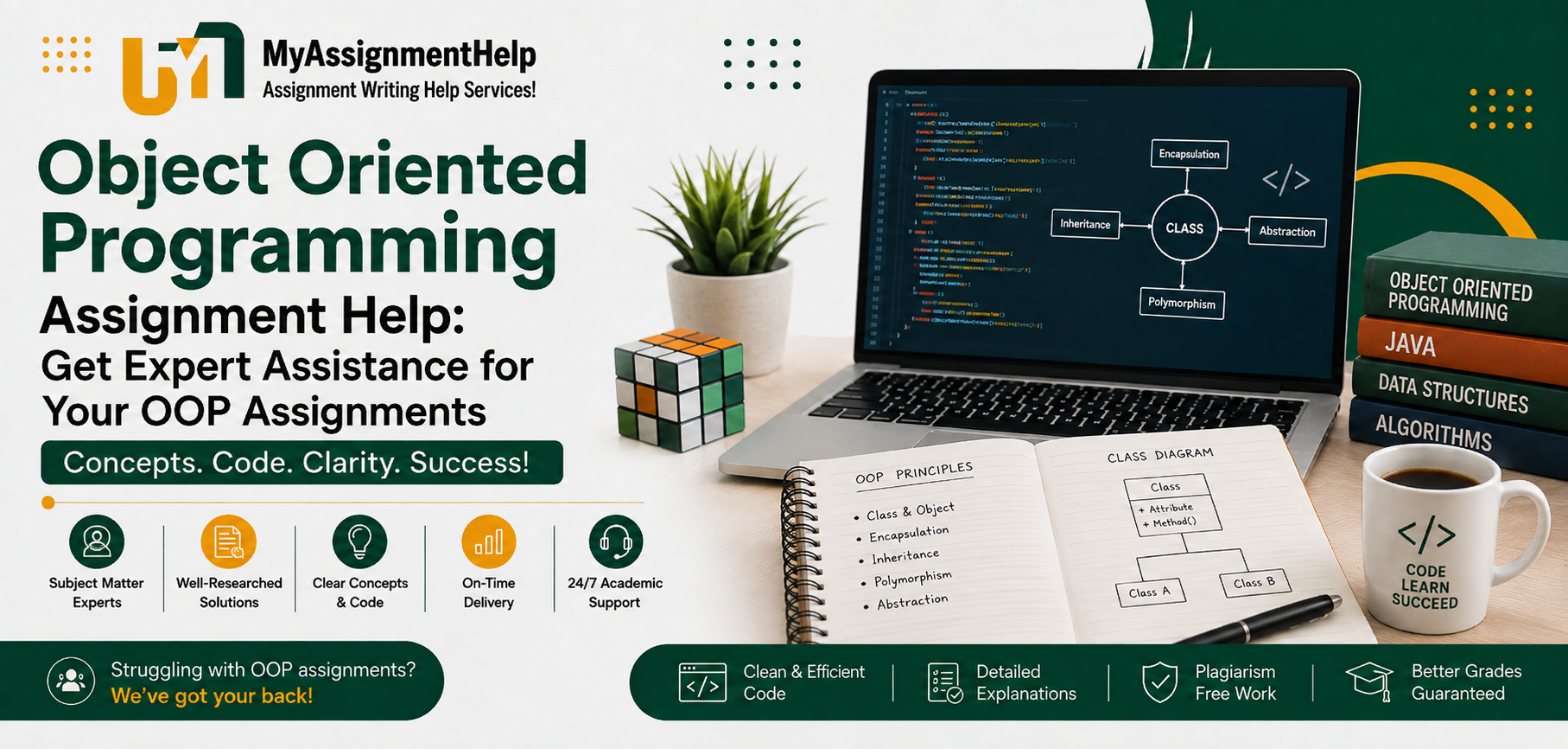 OOP assignment help banner with laptop, code, and programming concepts.