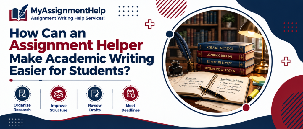 Assignment helper banner with books, study notes, and academic writing illustrations.