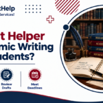 Assignment helper banner with books, study notes, and academic writing illustrations.