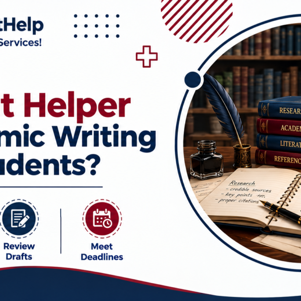 Assignment helper banner with books, study notes, and academic writing illustrations.
