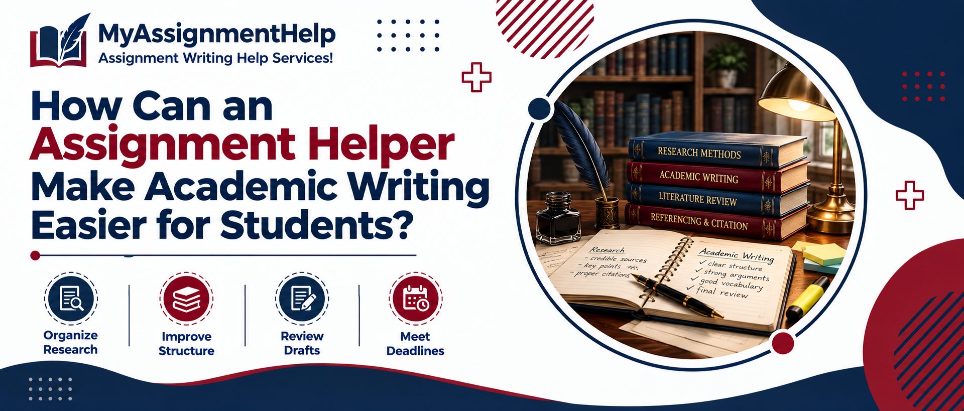 Assignment helper banner with books, study notes, and academic writing illustrations.