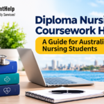 Diploma Nursing Coursework Help banner with nursing books, stethoscope, and Australian theme.