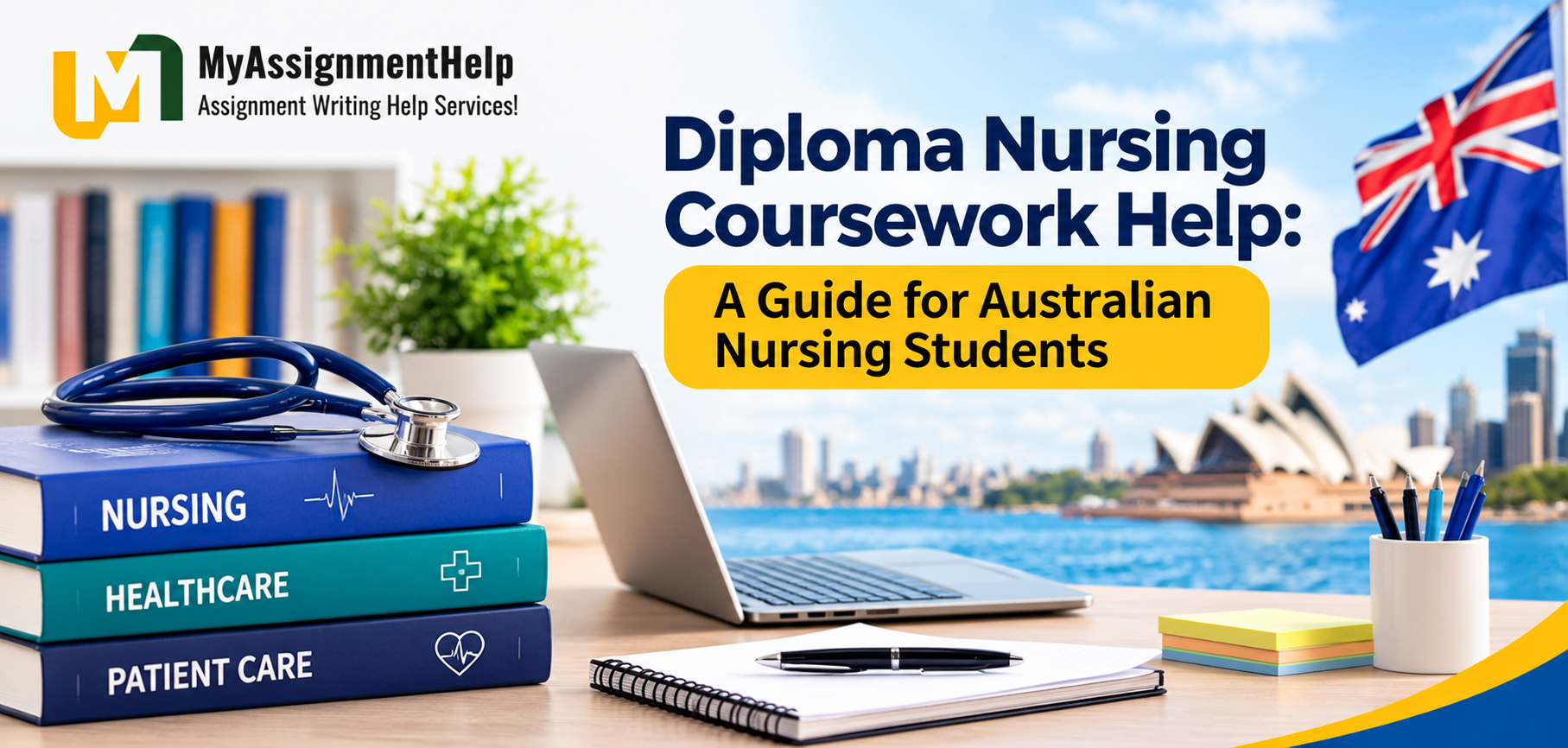 Diploma Nursing Coursework Help banner with nursing books, stethoscope, and Australian theme.