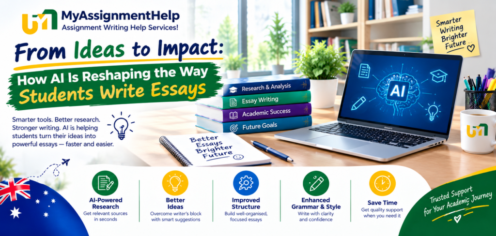 AI-powered essay writing with laptop, books, and study desk.