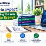 AI-powered essay writing with laptop, books, and study desk.