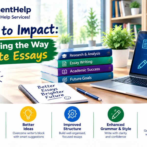 AI-powered essay writing with laptop, books, and study desk.