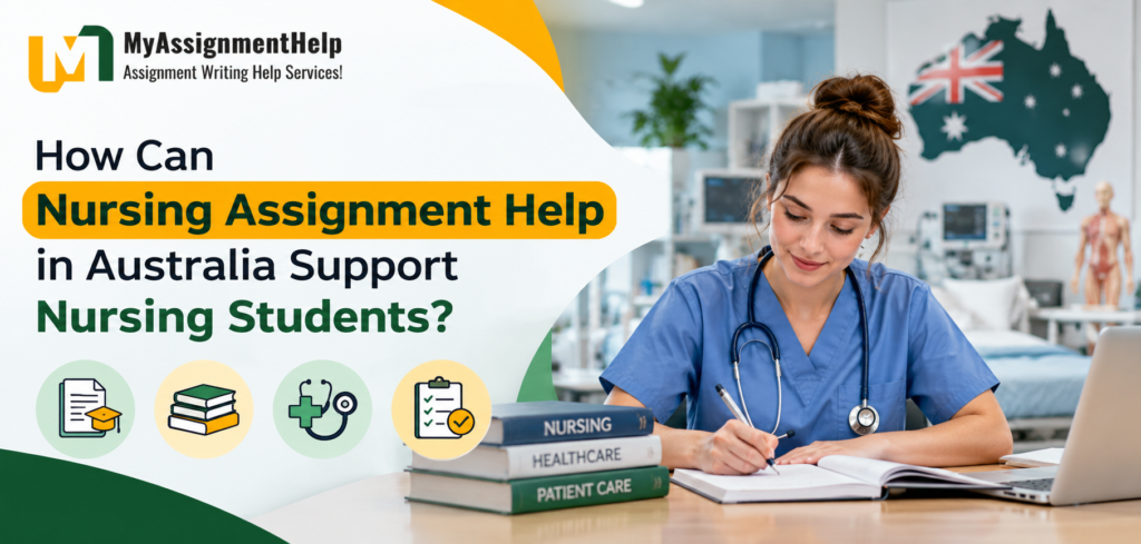 Nursing assignment help in Australia banner featuring nursing books, healthcare essentials, and Australian nursing education.