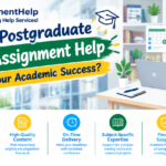 Postgraduate Nursing Assignment Help banner featuring a student illustration, nursing books, and academic success benefits.