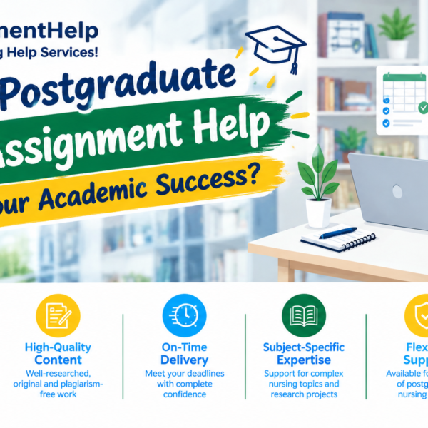 Postgraduate Nursing Assignment Help banner featuring a student illustration, nursing books, and academic success benefits.