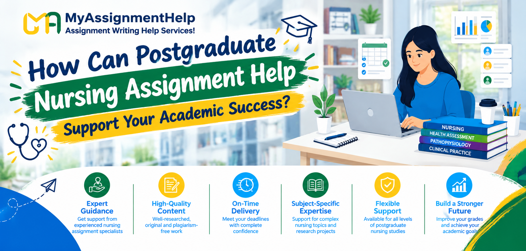 Postgraduate Nursing Assignment Help banner featuring a student illustration, nursing books, and academic success benefits.