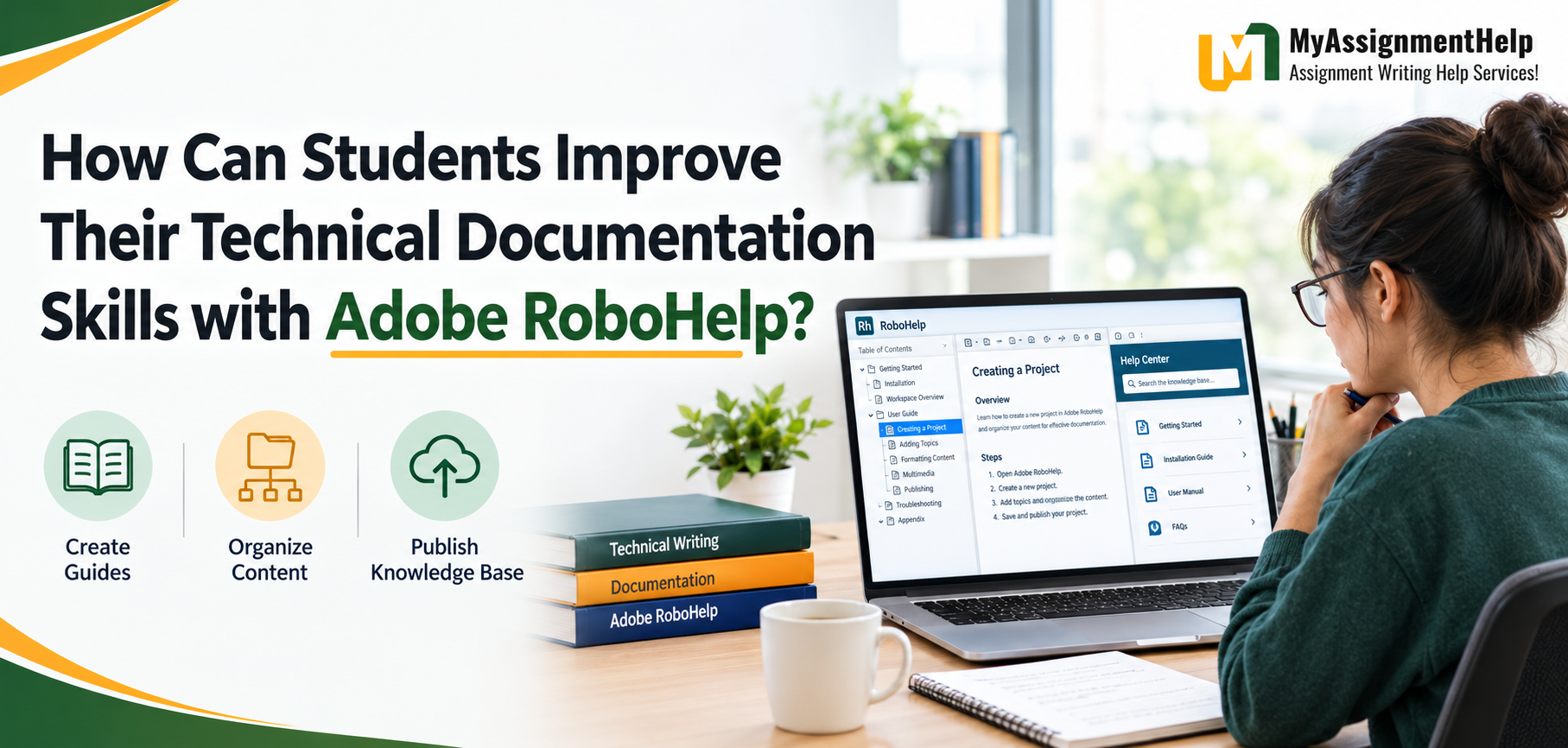 MyAssignmentHelp banner on improving technical documentation skills with Adobe RoboHelp.