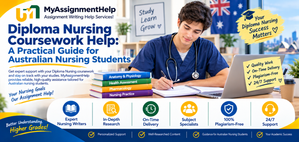 Diploma Nursing Coursework Help banner featuring a male nursing student studying in Australia.